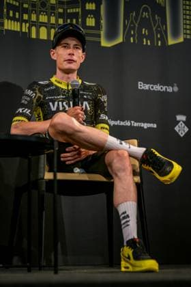 Danish Jonas Vingegaard Hansen of Team Visma-Lease a Bike pictured during a press conference, PK, Pressekonferenz ahead of the 2026 Tour de France cycling race, Thursday 02 July 2026, in Barcelona, Spain. The 113th edition of the Tour de France starts on Saturday 4 July in Barcelona, Spain, and will finish in Paris, France on the 26th of July. DAVIDxPINTENS  x180184972x