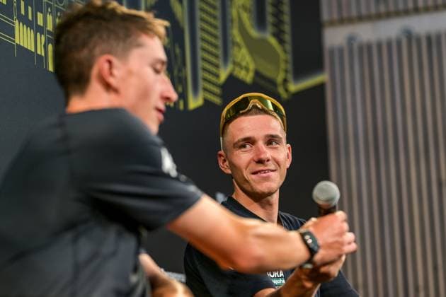 German Florian Lipowitz of Red Bull-BORA-hansgrohe and Belgian Remco Evenepoel of Red Bull-BORA-hansgrohe pictured during a press conference, PK, Pressekonferenz ahead of the 2026 Tour de France cycling race, Thursday 02 July 2026, in Barcelona, Spain. The 113th edition of the Tour de France starts on Saturday 4 July in Barcelona, Spain, and will finish in Paris, France on the 26th of July. DAVIDxPINTENS  x180185181x