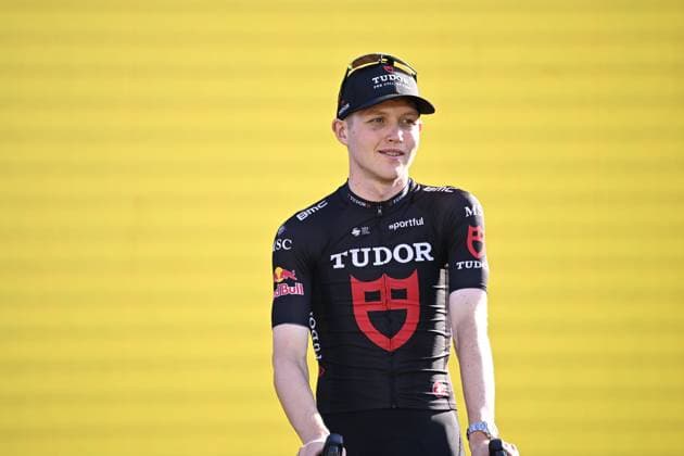 Tour de France 2026 Media Activities 02 07 2026 BARCELONA, SPAIN - JULY 02 : Rider of Tudor Pro Cycling Team on the podium pictured during the teams presentation prior to the 113rd edition of Tour de France an UCI World Tour 2.UWT Team Time Trial stage for Men Elite of 19 km with start in Barcelona and finish in Barcelona on July 2, 2026 in Barcelona, Spain, 02 07 2026 Barcelona Spain  Copyright: xTomasxSiskx