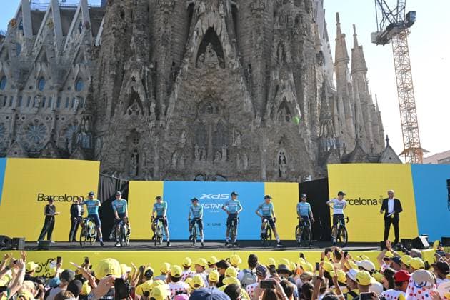 Tour de France 2026 Media Activities 02 07 2026 BARCELONA, SPAIN - JULY 02 : Team XDS Astana on the podium pictured during the teams presentation prior to the 113rd edition of Tour de France an UCI World Tour 2.UWT Team Time Trial stage for Men Elite of 19 km with start in Barcelona and finish in Barcelona on July 2, 2026 in Barcelona, Spain, 02 07 2026 Barcelona Spain  Copyright: xSzymonxGruchalskix