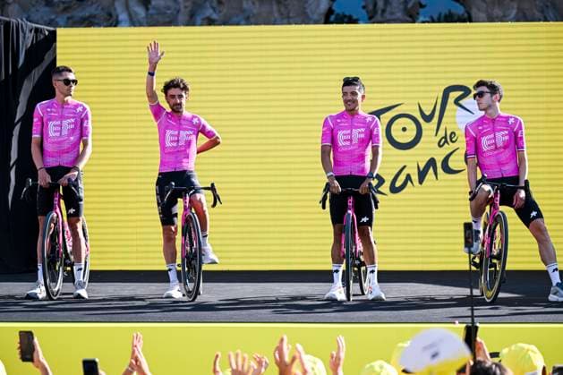 Tour de France 2026 Media Activities 02 07 2026 BARCELONA, SPAIN - JULY 02 : Healy Ben (IRL) of EF Education EasyPost on the podium pictured during the teams presentation prior to the 113rd edition of Tour de France an UCI World Tour 2.UWT Team Time Trial stage for Men Elite of 19 km with start in Barcelona and finish in Barcelona on July 2, 2026 in Barcelona, Spain, 02 07 2026 Barcelona Spain  Copyright: xSzymonxGruchalskix
