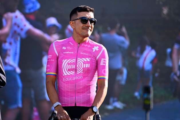 Tour de France 2026 Media Activities 02 07 2026 BARCELONA, SPAIN - JULY 02 : Carapaz Richard (ECU) of EF Education EasyPost on the podium pictured during the teams presentation prior to the 113rd edition of Tour de France an UCI World Tour 2.UWT Team Time Trial stage for Men Elite of 19 km with start in Barcelona and finish in Barcelona on July 2, 2026 in Barcelona, Spain, 02 07 2026 Barcelona Spain  Copyright: xTomasxSiskx