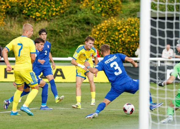 Bangor, Wales, 2nd July 2026. Vitaliy Hlyut of Ukraine scores their sides first goal during the Serbia U19 vs Ukraine U19 UEFA European U19 Championship match at Bangor City Stadium, Bangor. Picture credit should read: Cody Froggatt Sportimage EDITORIAL USE ONLY. No use with unauthorised audio, video, data, fixture lists, club league logos or live services. Online in-match use limited to 120 images, no video emulation. No use in betting, games or single club league player publications. SPI_012_CF_SERBIA_U19_V_UKRAINE_U19 SPI-4851-0012