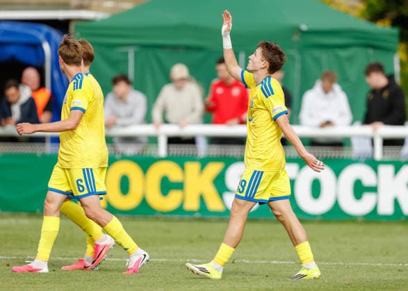 Bangor, Wales, 2nd July 2026. Vitaliy Hlyut of Ukraine celebrates scoring their sides first goal during the Serbia U19 vs Ukraine U19 UEFA European U19 Championship match at Bangor City Stadium, Bangor. Picture credit should read: Cody Froggatt Sportimage EDITORIAL USE ONLY. No use with unauthorised audio, video, data, fixture lists, club league logos or live services. Online in-match use limited to 120 images, no video emulation. No use in betting, games or single club league player publications. SPI_013_CF_SERBIA_U19_V_UKRAINE_U19 SPI-4851-0013