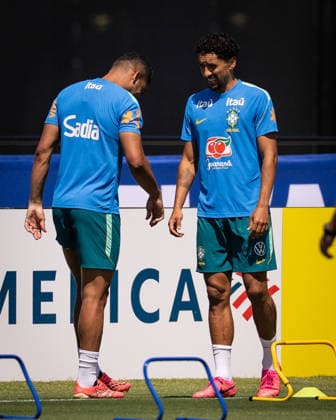 Marquinhos of Brazil (L) talks with Casemiro of Brazil (L) at their New Jersey base the Columbia Park Training Facility in Morristown, NJ, United States. (Photo by Ricardo Nogueira SPP)  Copyright: xRicardoxNogueira SPPx Sportspressphoto_SPR182745