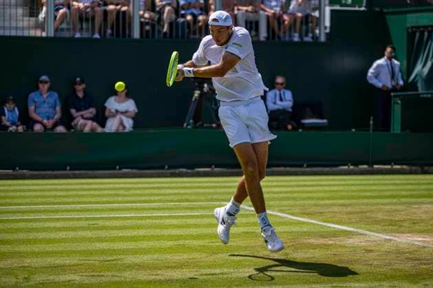 RECORD DATE NOT STATED 2nd July 2026; All England Lawn Tennis and Croquet Club, London, England; Wimbledon Tennis Tournament, Day Four; Jan-Lennard Struff (GER) plays a backhand in his second round match against Brandon Nakashima (USA) GodfreyxPitt