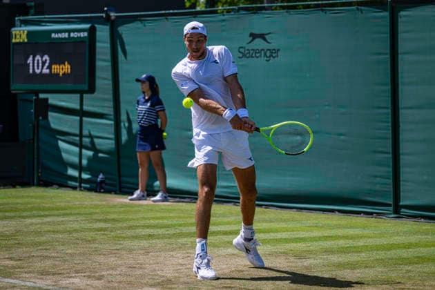 RECORD DATE NOT STATED 2nd July 2026; All England Lawn Tennis and Croquet Club, London, England; Wimbledon Tennis Tournament, Day Four; Jan-Lennard Struff (GER) plays a backhand in his second round match against Brandon Nakashima (USA) GodfreyxPitt