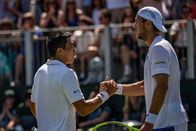 RECORD DATE NOT STATED 2nd July 2026; All England Lawn Tennis and Croquet Club, London, England; Wimbledon Tennis Tournament, Day Four; Brandon Nakashima (USA) congratulates Jan-Lennard Struff (GER) on his victory in their second round match GodfreyxPitt