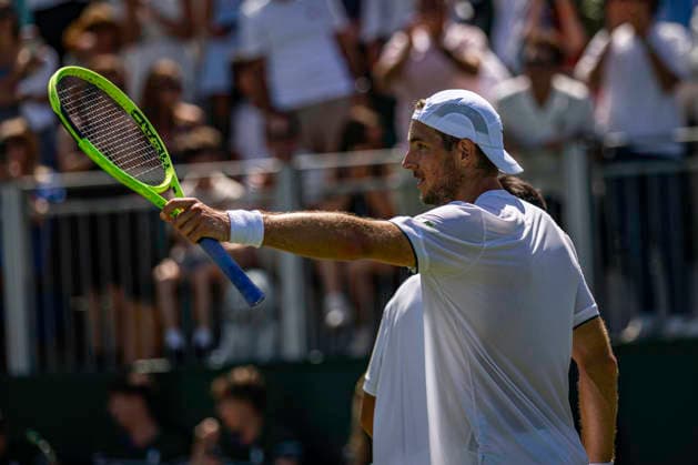RECORD DATE NOT STATED 2nd July 2026; All England Lawn Tennis and Croquet Club, London, England; Wimbledon Tennis Tournament, Day Four; Jan-Lennard Struff (GER) celebrates winning his second round match against Brandon Nakashima (USA) GodfreyxPitt