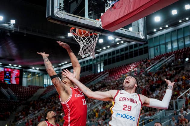 July 2, 2026, Madrid, Madrid, Spain: Pierre Oriola of Spain and Jermaine Ballisager Webb of Denmark in action during the 2027 Basket World Cup qualifier match played between Spain and Denmark at Caja Magica on July 02, 2026 in Madrid, Spain. Madrid Spain - ZUMAa181 20260702_zaa_a181_031 Copyright: xAngelxPerezxMecax