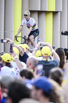 Slovenian Tadej Pogacar of UAE Team Emirates-XRG pictured at the team presentation of the 2026 Tour de France cycling race, Thursday 02 July 2026, in Barcelona, Spain. The 113th edition of the Tour de France starts on Saturday 4 July in Barcelona, Spain, and will finish in Paris, France on the 26th of July. JASPERxJACOBS  x180193460x