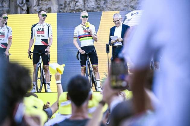 Slovenian Tadej Pogacar of UAE Team Emirates-XRG pictured at the team presentation of the 2026 Tour de France cycling race, Thursday 02 July 2026, in Barcelona, Spain. The 113th edition of the Tour de France starts on Saturday 4 July in Barcelona, Spain, and will finish in Paris, France on the 26th of July. JASPERxJACOBS  x180193587x