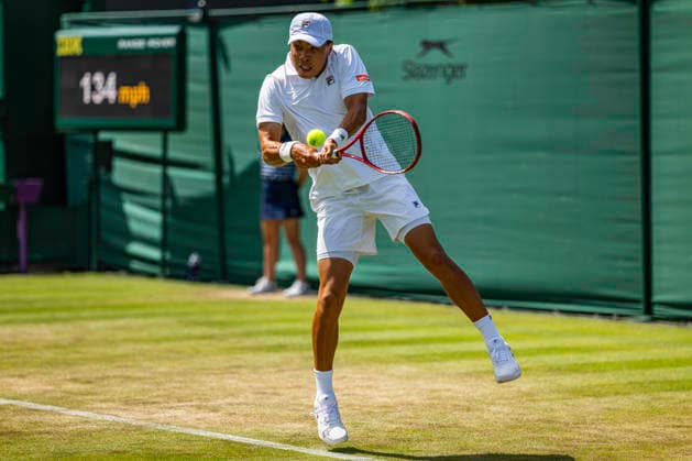 RECORD DATE NOT STATED 2nd July 2026; All England Lawn Tennis and Croquet Club, London, England; Wimbledon Tennis Tournament, Day Four; Brandon Nakashima (USA) plays a backhand in his second round match against Jan-Lennard Struff (GER) GodfreyxPitt