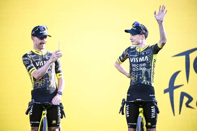 Belgian Victor Campenaerts of Team Visma-Lease a Bike and Danish Jonas Vingegaard Hansen of Team Visma-Lease a Bike pictured at the team presentation of the 2026 Tour de France cycling race, Thursday 02 July 2026, in Barcelona, Spain. The 113th edition of the Tour de France starts on Saturday 4 July in Barcelona, Spain, and will finish in Paris, France on the 26th of July. JASPERxJACOBS  x180193888x