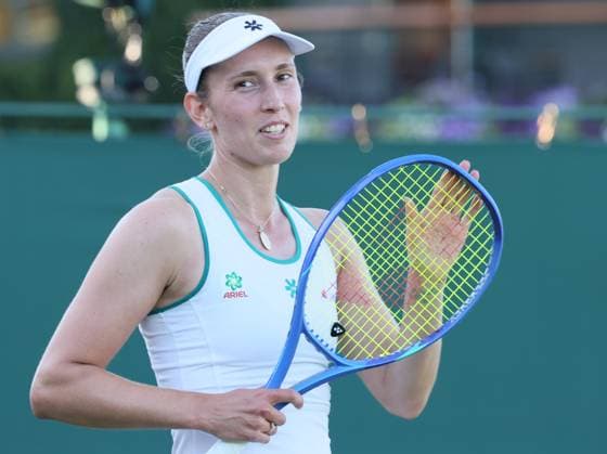 Belgian Elise Mertens reacts during a tennis match against Uzbek Timofeeva, in the second round of the ladies singles at the Wimbledon grand slam tennis tournament in London, Britain, Thursday 02 July 2026. BENOITxDOPPAGNE  x180194517x