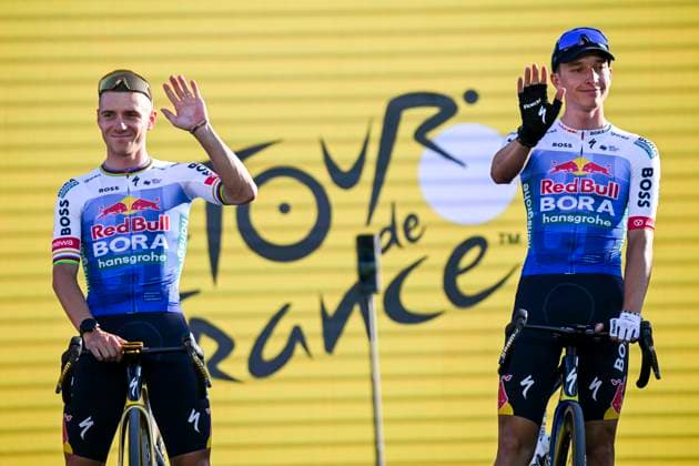 Tour de France 2026 Media Activities 02 07 2026 BARCELONA, SPAIN - JULY 02 : Evenepoel Remco (BEL) of Red Bull BORA Hansgrohe, Lipowitz Florian (GER) of Red Bull BORA Hansgrohe on the podium pictured during the teams presentation prior to the 113rd edition of Tour de France an UCI World Tour 2.UWT Team Time Trial stage for Men Elite of 19 km with start in Barcelona and finish in Barcelona on July 2, 2026 in Barcelona, Spain, 02 07 2026 Barcelona Spain  Copyright: xSzymonxGruchalskix