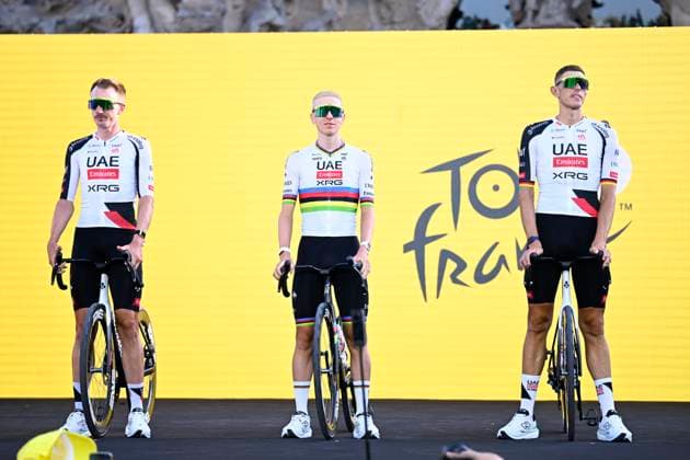 Tour de France 2026 Media Activities 02 07 2026 BARCELONA, SPAIN - JULY 02 : Politt Nils (GER) of UAE Team Emirates XRG, Pogacar Tadej (SLO) of UAE Team Emirates XRG on the podium pictured during the teams presentation prior to the 113rd edition of Tour de France an UCI World Tour 2.UWT Team Time Trial stage for Men Elite of 19 km with start in Barcelona and finish in Barcelona on July 2, 2026 in Barcelona, Spain, 02 07 2026 Barcelona Spain  Copyright: xTomasxSiskx
