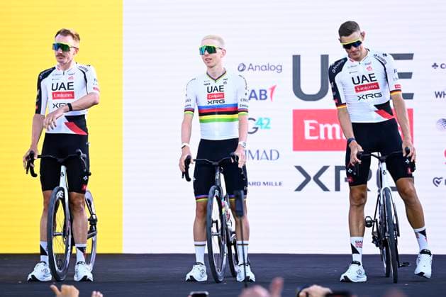 Tour de France 2026 Media Activities 02 07 2026 BARCELONA, SPAIN - JULY 02 : Politt Nils (GER) of UAE Team Emirates XRG, Pogacar Tadej (SLO) of UAE Team Emirates XRG on the podium pictured during the teams presentation prior to the 113rd edition of Tour de France an UCI World Tour 2.UWT Team Time Trial stage for Men Elite of 19 km with start in Barcelona and finish in Barcelona on July 2, 2026 in Barcelona, Spain, 02 07 2026 Barcelona Spain  Copyright: xTomasxSiskx