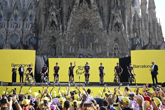 Tour de France 2026 Media Activities 02 07 2026 BARCELONA, SPAIN - JULY 02 : Tudor Pro Cycling Team on the podium pictured during the teams presentation prior to the 113rd edition of Tour de France an UCI World Tour 2.UWT Team Time Trial stage for Men Elite of 19 km with start in Barcelona and finish in Barcelona on July 2, 2026 in Barcelona, Spain, 02 07 2026 Barcelona Spain  Copyright: xTomasxSiskx