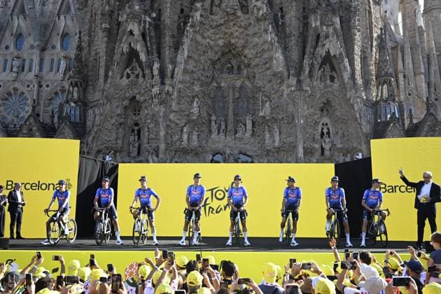 Tour de France 2026 Media Activities 02 07 2026 BARCELONA, SPAIN - JULY 02 : Team Alpecin - Premier Tech on the podium pictured during the teams presentation prior to the 113rd edition of Tour de France an UCI World Tour 2.UWT Team Time Trial stage for Men Elite of 19 km with start in Barcelona and finish in Barcelona on July 2, 2026 in Barcelona, Spain, 02 07 2026 Barcelona Spain  Copyright: xTomasxSiskx