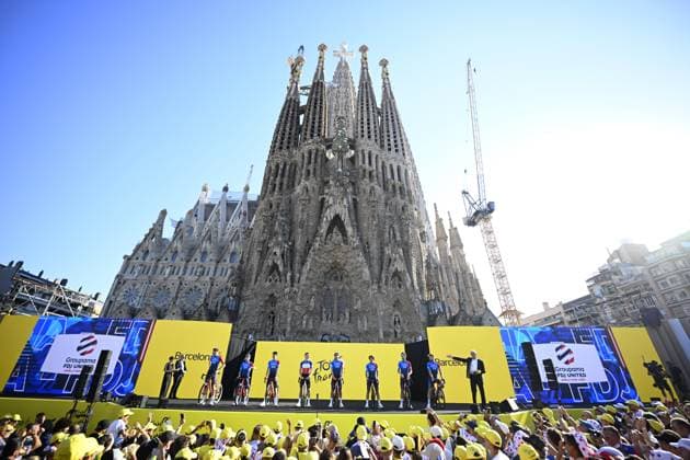 Tour de France 2026 Media Activities 02 07 2026 BARCELONA, SPAIN - JULY 02 : Team Groupama - FDJ United on the podium pictured during the teams presentation prior to the 113rd edition of Tour de France an UCI World Tour 2.UWT Team Time Trial stage for Men Elite of 19 km with start in Barcelona and finish in Barcelona on July 2, 2026 in Barcelona, Spain, 02 07 2026 Barcelona Spain  Copyright: xTomasxSiskx