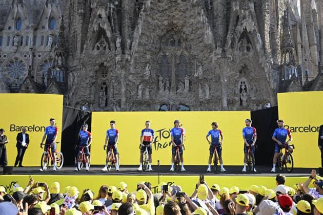 Tour de France 2026 Media Activities 02 07 2026 BARCELONA, SPAIN - JULY 02 : Team Groupama - FDJ United on the podium pictured during the teams presentation prior to the 113rd edition of Tour de France an UCI World Tour 2.UWT Team Time Trial stage for Men Elite of 19 km with start in Barcelona and finish in Barcelona on July 2, 2026 in Barcelona, Spain, 02 07 2026 Barcelona Spain  Copyright: xTomasxSiskx