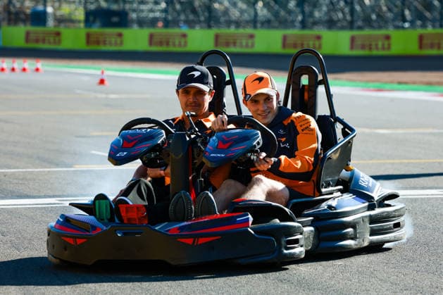 F1 - BRITISH GRAND PRIX 2026 NORRIS Lando (gbr), McLaren F1 Team MCL40, PIASTRI Oscar (aus), McLaren F1 Team MCL40, portrait doing karting during the Formula 1 British Grand Prix 2026, 9th round of the 2026 Formula One World Championship, WM, Weltmeisterschaft from July 3 to 5, 2026 on the Silverstone Circuit, in Silverstone, United Kingdom - SilverstoneUnited Kingdom  Copyright: xFLORENTxGOODENx