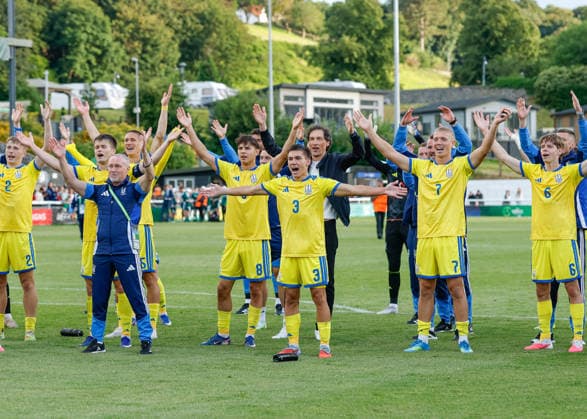 Bangor, Wales, 2nd July 2026. Players and coaches of Ukraine celebrates the full time result following the Serbia U19 vs Ukraine U19 UEFA European U19 Championship match at Bangor City Stadium, Bangor. Picture credit should read: Cody Froggatt Sportimage EDITORIAL USE ONLY. No use with unauthorised audio, video, data, fixture lists, club league logos or live services. Online in-match use limited to 120 images, no video emulation. No use in betting, games or single club league player publications. SPI_021_CF_SERBIA_U19_V_UKRAINE_U19 SPI-4851-0021