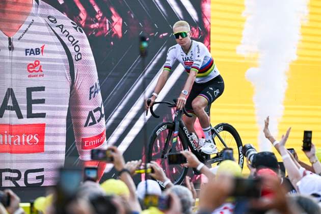 Tour de France 2026 Media Activities 02 07 2026 BARCELONA, SPAIN - JULY 02 : Pogacar Tadej (SLO) of UAE Team Emirates XRG on the podium pictured during the teams presentation prior to the 113rd edition of Tour de France an UCI World Tour 2.UWT Team Time Trial stage for Men Elite of 19 km with start in Barcelona and finish in Barcelona on July 2, 2026 in Barcelona, Spain, 02 07 2026 Barcelona Spain  Copyright: xSzymonxGruchalskix