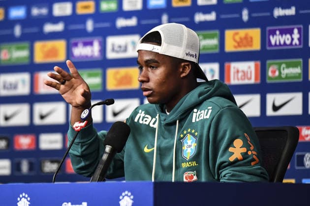 Endrick gives an interview during a Brazilian national team, Nationalteam (Seleção) press conference, PK, Pressekonferenz at the Ridge Hotel in Morristown, New Jersey. (Photo by Rebekah Wynkoop SPP)  Copyright: xRebekahxWynkoop SPPx Sportspressphoto_SPR182795