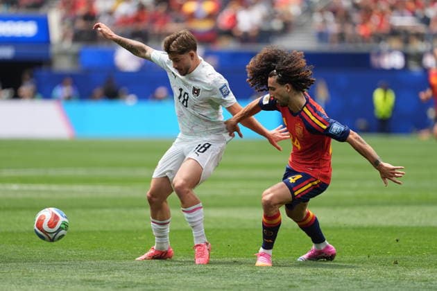 Spain v Austria - FIFA World Cup, WM, Weltmeisterschaft, Fussball 2026 - Round of 32 LOS ANGELES, CALIFORNIA - JULY 2: Marc Cucurella (24) of Spain in action against Romano Schmid of Austria during the 2026 FIFA World Cup Round of 32 match between Spain and Austria at the Los Angeles Stadium (SoFi Stadium) in Inglewood, California, United States on July 2, 2026. Tayfun Coskun Anadolu California United States. Editorial use only. Please get in touch for any other usage.  Copyright: x2026xAnadoluxTayfunxCoskunx