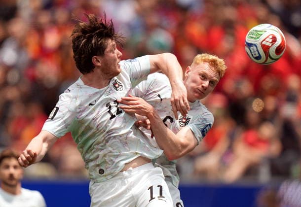 FIFA World Cup, WM, Weltmeisterschaft, Fussball 2026 - Round of 32 - Spain vs Austria Michael Gregoritsch of Austria (L) and Nicolas Seiwald of Austria in action during the FIFA World Cup 2026 Round of 32 match Spain against Austria, in Los Angeles, USA, 02 July 2026. INGLEWOOD United States  Copyright: xSCOTTxSTRAZZANTEx