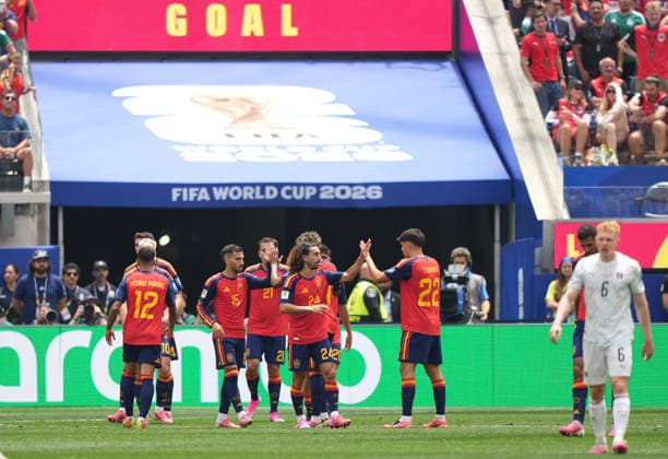 (260703) -- LOS ANGELES, July 3, 2026 -- Players of Spain celebrate after scoring during the round of 32 match between Spain and Austria at the 2026 FIFA World Cup, WM, Weltmeisterschaft, Fussball at Los Angeles Stadium in Los Angeles, the United States, July 2, 2026. ) (SP)U.S.-LOS ANGELES-FOOTBALL-FIFA WORLD CUP-ROUND OF 32-ESP VS AUT ChenxYichen 