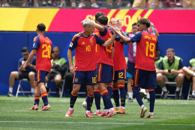 RECORD DATE NOT STATED 2nd July 2026; SoFi Stadium, Los Angeles, California, United States of America; FIFA World Cup, WM, Weltmeisterschaft, Fussball Football, Spain versus Austria; Dani Olmo of Spain and Lamine Yamal of Spain celebrate their sides second goal in the 66th minute by Pedro Porro of Spain to make the score 2-0 to Spain AlecxBrown