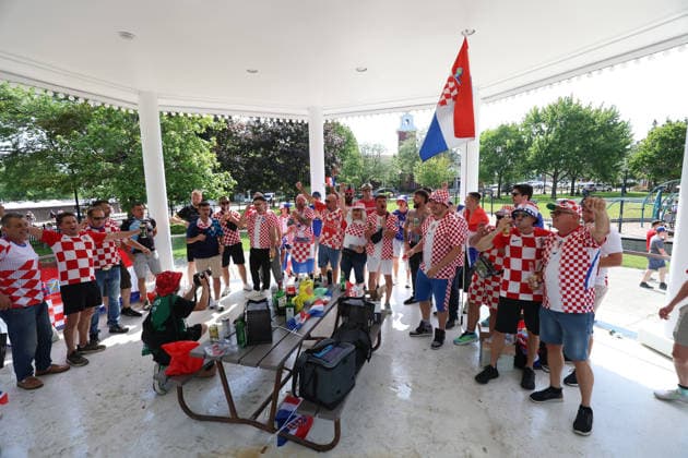 Portugal v Croatia: Round Of 32 - FIFA World Cup, WM, Weltmeisterschaft, Fussball 2026 Fans of Croatia gather in front of Toronto Stadium ahead of the FIFA World Cup 2026 Round Of 32 match between Portugal and Croatia at Toronto Stadium on July 2, 2026 in Toronto, Canada.  SanjinxStrukic PIXSELL