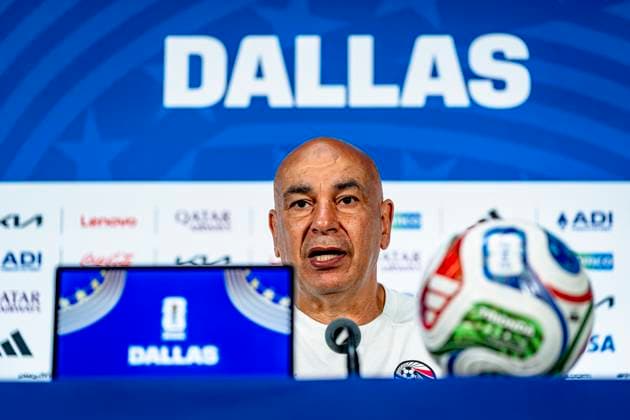 DALLAS - Egypt national coach Hossam Hassan during the 2026 World Cup, Egypt MD-1 press conference, PK, Pressekonferenz at AT&T Stadium on July 2, 2026 in Dallas, United States. (Photo by Stefan Koops EYE4IMAGES DeFodi Images) - *** DALLAS: Egypt national team coach Hossam Hassan during the 2026 World Cup, Egypt Match Day 1 press conference at AT&T Stadium on July 2, 2026, in Dallas, United States. Photo by Stefan Koops, EYE4IMAGES, DeFodi Images