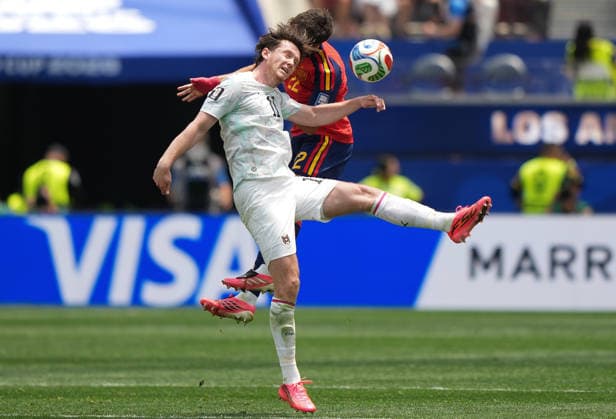 (260703) -- LOS ANGELES, July 3, 2026 -- Michael Gregoritsch (front) of Austria competes with Alexander Prass of Spain during the round of 32 match between Spain and Austria at the 2026 FIFA World Cup, WM, Weltmeisterschaft, Fussball at Los Angeles Stadium in Los Angeles, the United States, July 2, 2026. ) (SP)U.S.-LOS ANGELES-FOOTBALL-FIFA WORLD CUP-ROUND OF 32-ESP VS AUT ChenxYichen 