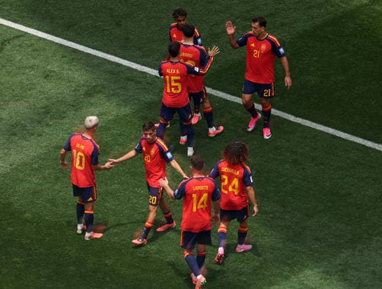 (260703) -- LOS ANGELES, July 3, 2026 -- Players of Spain celebrate after scoring during the round of 32 match between Spain and Austria at the 2026 FIFA World Cup, WM, Weltmeisterschaft, Fussball at Los Angeles Stadium in Los Angeles, the United States, July 2, 2026. ) (SP)U.S.-LOS ANGELES-FOOTBALL-FIFA WORLD CUP-ROUND OF 32-ESP VS AUT LixYing 