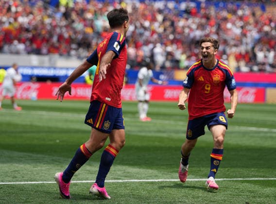 (260703) -- LOS ANGELES, July 3, 2026 -- Mikel Oyarzabal (L) of Spain celebrates with Gavi after scoring during the round of 32 match between Spain and Austria at the 2026 FIFA World Cup, WM, Weltmeisterschaft, Fussball at Los Angeles Stadium in Los Angeles, the United States, July 2, 2026. ) (SP)U.S.-LOS ANGELES-FOOTBALL-FIFA WORLD CUP-ROUND OF 32-ESP VS AUT ChenxYichen 