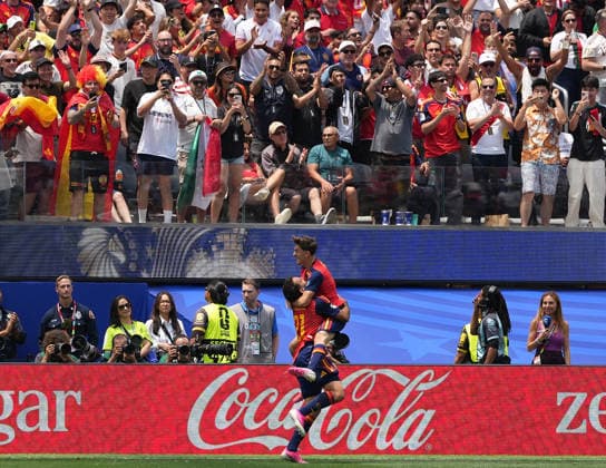 (260703) -- LOS ANGELES, July 3, 2026 -- Mikel Oyarzabal (down) of Spain celebrates with teammate after scoring during the round of 32 match between Spain and Austria at the 2026 FIFA World Cup, WM, Weltmeisterschaft, Fussball at Los Angeles Stadium in Los Angeles, the United States, July 2, 2026. ) (SP)U.S.-LOS ANGELES-FOOTBALL-FIFA WORLD CUP-ROUND OF 32-ESP VS AUT HuangxZongzhi 