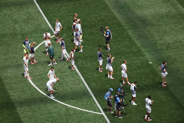 (260703) -- LOS ANGELES, July 3, 2026 -- Players of Austria react after the round of 32 match between Spain and Austria at the 2026 FIFA World Cup, WM, Weltmeisterschaft, Fussball at Los Angeles Stadium in Los Angeles, the United States, July 2, 2026. ) (SP)U.S.-LOS ANGELES-FOOTBALL-FIFA WORLD CUP-ROUND OF 32-ESP VS AUT LixYing 