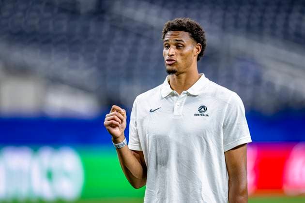 DALLAS - Tete Yengi of Australia during the 2026 World Cup at AT&T Stadium on July 2, 2026 in Dallas, United States. (Photo by Stefan Koops EYE4IMAGES DeFodi Images) - *** DALLAS: Tete Yengi of Australia during the 2026 World Cup at AT&T Stadium on July 2, 2026, in Dallas, United States. Photo by Stefan Koops, EYE4IMAGES, DeFodi Images