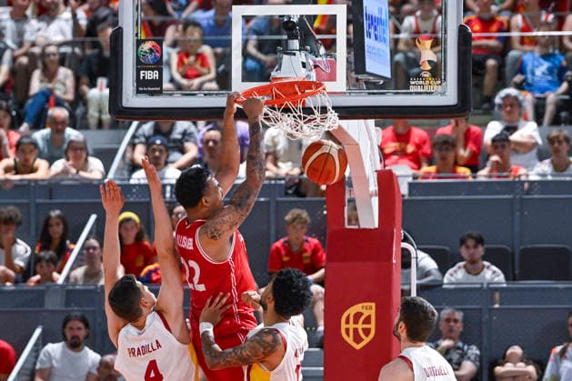 July 2, 2026, Madrid, Madrid, Spain: JERMAINE BALLISAGER WEBB of Denmark national team, Nationalteam dunk the ball during the SPAIN vs. DENMARK 2025-26 World Cup Qualifier friendly basketball game for QAT 27, held at the Caja Magica on July 2, 2026, in Madrid, Spain. SPAIN 109 Vs. DENMARK 81 2025-26 World Cup Qualifier Friendly Basketball Game For QAT 27 (07.02.26)  - ZUMAc312 20260702_zsp_c312_260 Copyright: xOscarxManuelxSanchezx