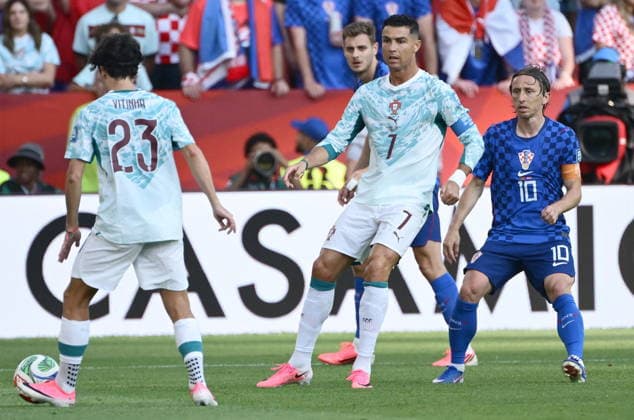 Toronto, July 26, 2026. BMO Field, 2026 FIFA World Cup, WM, Weltmeisterschaft, Fussball Portugal vs. Croatia, World Cup Round of 32 knockout match. In the photo: Vitinha, Cristiano Ronaldo, Luka ModriÄ‡. Photo: Boris KovaÄev CROPIX Copyright: xxBorisxKovacevx portugal_hrvatska29-020726