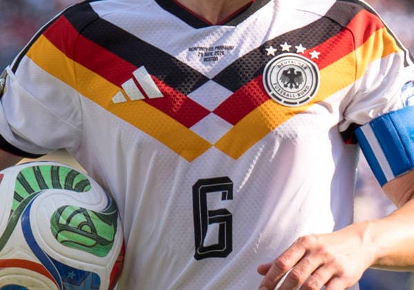 Close-up of Joshua Kimmich s Germany jersey, featuring 6 details on the Adidas jersey: match information, Adidas logo, DFB logo, and FIFA World Cup 2026 Germany vs. Paraguay, June 29, 2026, 2026 FIFA World Cup: Germany vs. Paraguay, Round of 32 at Boston Stadium in Foxborough, Massachusetts, USA Copyright: HMBxMedia xMarcoxBader