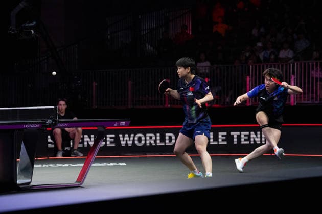 LOS ANGELES, CALIFORNIA - JULY 02: Wang Chuqin and Sun Yingsha of China compete in the Mixed Doubles Semifinal match against Hugo Calderano and Bruna Takahashi of Brazil on day 7 of United States Smash 2026 at Ontario Convention Center on July 2, 2026 in Los Angeles, California.  Copyright: xVCGx 111651923691