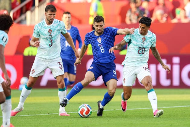 Portugal v Croatia: Round Of 32 - FIFA World Cup, WM, Weltmeisterschaft, Fussball 2026 Mateo Kovacic of Croatia and Joao Cancelo of Portugal competes for the ball during the FIFA World Cup 2026 Round Of 32 match between Portugal and Croatia at Toronto Stadium on July 2, 2026 in Toronto, Canada.  SanjinxStrukic PIXSELL