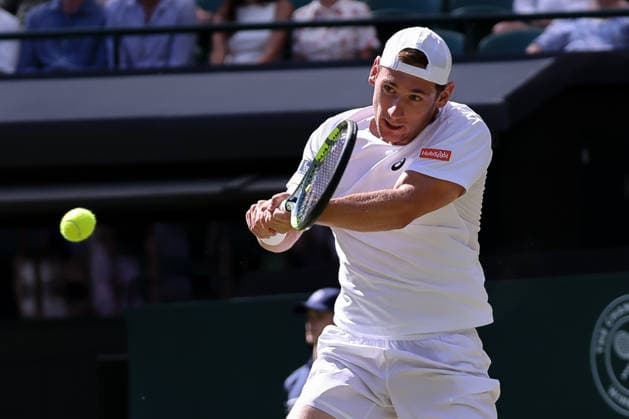 (260703) -- LONDON, July 3, 2026 -- Valentin Royer of France returns the ball during the men s singles second round match against Alexander Zverev of Germany at the Wimbledon Tennis Championships in London, Britain, on July 2, 2026. (Photo by Xinhua) (SP)BRITAIN-LONDON-TENNIS-WIMBLEDON-MEN S SINGLES DinendraxHaria 