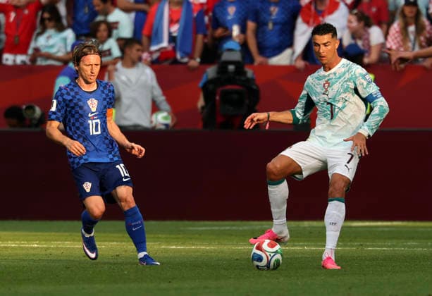 (260703) -- TORONTO, July 3, 2026 -- Cristiano Ronaldo (R) of Portugal and Luka Modric of Croatia compete during the round of 32 match between Portugal and Croatia at the 2026 FIFA World Cup, WM, Weltmeisterschaft, Fussball at Toronto Stadium in Toronto, Canada, July 2, 2026. (Photo by Xinhua) (SP)CANADA-TORONTO-FOOTBALL-FIFA WORLD CUP-ROUND OF 32-POR VS CRO ZouxZheng 