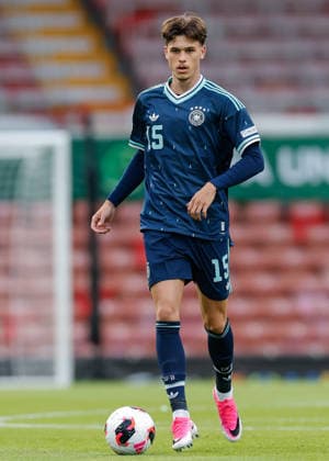 Wrexham, Wales, 1st July 2026. Luca Erlein of Germany during the Wales U19 vs Germany U19 UEFA European U19 Championship match at The Racecourse, Wrexham. Picture credit should read: Cody Froggatt Sportimage EDITORIAL USE ONLY. No use with unauthorised audio, video, data, fixture lists, club league logos or live services. Online in-match use limited to 120 images, no video emulation. No use in betting, games or single club league player publications. SPI_096_CF_WALES_U19_V_GERMANY_U19 SPI-4854-0096